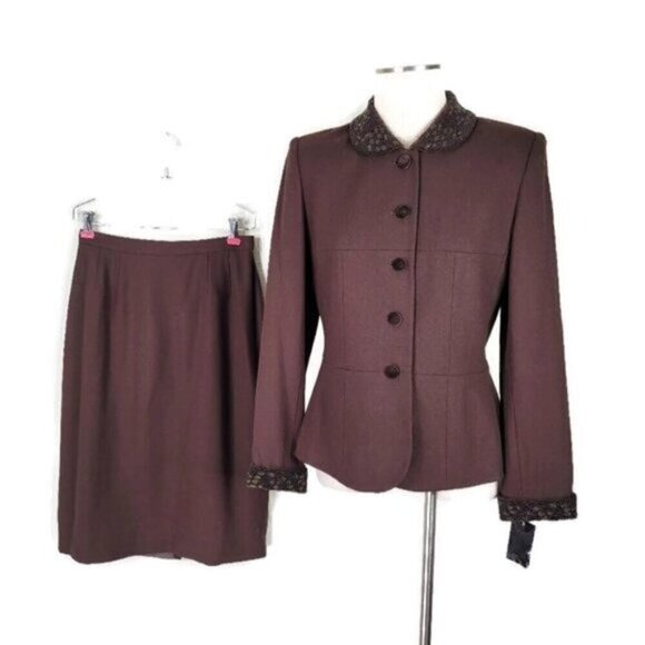 Le Suit Wool Skirt Suit Size 8 Brown Beaded Collar Cuffs Velour Buttons New - Picture 1 of 14